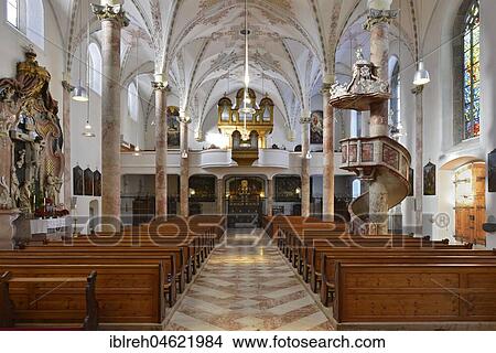 Picture - Interior view with organ loft, Franciscan monastery, Schwaz, Tyrol, Austria, Europe. Fotosearch