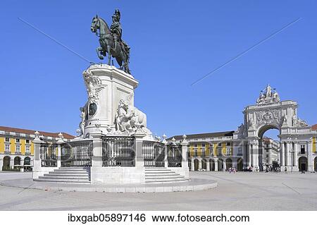 Stock Photograph - King Jose I equestrian statue, Praca do Comercio, Baixa, Lisbon, Portugal, Europe. Fotosearch