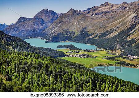 Stock Photograph - Lake Silvaplana and Silser See, Silvaplana, Inn Valley, Bernina Alps, Upper Engadine, Engadine, Grisons, Switzerland, Europe. Fotosearch
