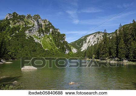 Stock Photo - Lake Soin, Lake Soin with Ruchenköpfen and Hochmiesing, Rotwand region, Magfallgebirge, Upper Bavaria, Bavaria, Germany, Europe. Fotosearch