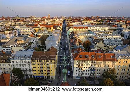 Stock Image - Landwehstraße in Ludwigsvorstadt, old town with cathedral, view from Paulskirche, Munich, Upper Bavaria, Bavaria, Germany, Europe. Fotosearch