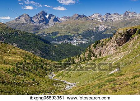 Stock Image - Languard Valley, Val Languard in front of the Inn Valley with St. Moritz, Pontresina, Bernina Alps, Upper Engadine, Engadine, Grisons, Switzerland, Europe. Fotosearch