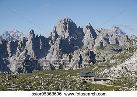 Stock Photograph - Lavaredo Hut or Rifugio Lavaredo, Tre Cime di Lavaredo Natural Park or Tre Cime di Lavaredo, Dolomites, Alps, Veneto, Italy, Europe. Fotosearch