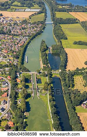 Stock Photo - Lock at Dortmund-Ems Canal, Ibbenbüren, North Rhine-Westphalia, Germany, Europe. Fotosearch