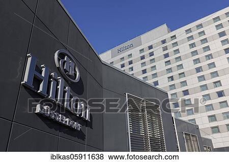 Stock Photo - Logo Hilton Düsseldorf on the building, hotel, North Rhine-Westphalia, Germany, Europe. Fotosearch