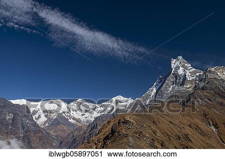 Stock Image - Machapuchare, Himalaya, fish tail, 6997m, holy mountain, Mardi Himal, Annapurna region, Nepal, Asia. Fotosearch