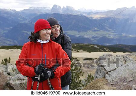 Stock Image - Man, woman, couple, 57 years old, 70 years old, hike at the Ritterhorn, South Tyrol, Italy, Europe. Fotosearch