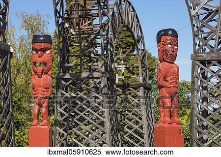 Stock Photography - Maori wooden figures in Government Garden, Oceania, Rotorua, Bay of Plenty, North Island, New Zealand, Oceania. Fotosearch