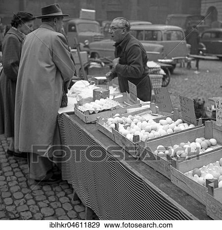 Stock Photo - Market stall with eggs, Freiburger Münstermarkt, around 1950, Freiburg, Germany, Europe. Fotosearch