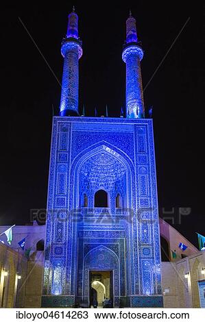 Stock Image - Masjed-e Jameh, or Jameh Mosque, at night, Yazd, Iran, Asia. Fotosearch