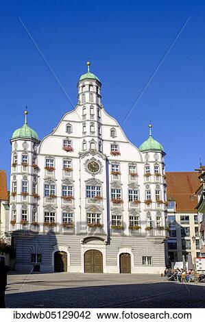 Stock Image - Memmingen town hall from 1589, Renaissance, Memmingen, Swabia, Bavaria, Germany, Europe. Fotosearch