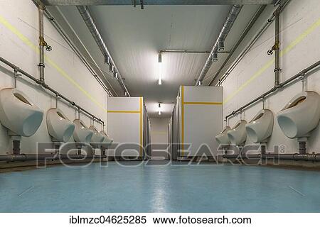 Stock Photography - Men's toilet room in the decommissioned nuclear bunker, built for 2, 400 people in the 1970s underneath Nuremberg Central Station, Nuremberg, Middle Franconia, Bavaria, Germany.. Fotosearch