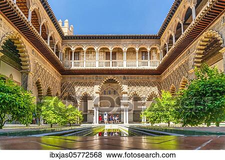 Moorish architecture of beautiful castle called Real Alcazar in Seville, Andalusia, Spain, Europe View Large Photo Image Stock Photo - Moorish architecture of beautiful castle called Real Alcazar in Seville, Andalusia, Spain, Europe. Fotosearch