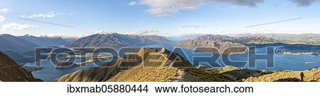 Picture - Mountain and lake views from Mount Roy, Roys Peak, Panorama, Lake Wanaka, Southern Alps, Otago, South Island, New Zealand, Oceania. Fotosearch