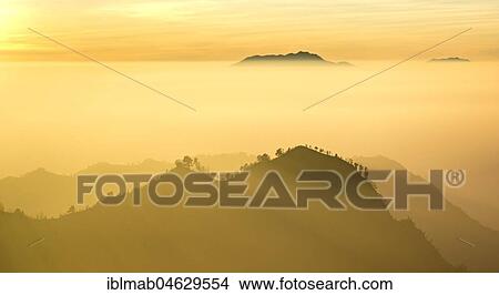 Picture - Mountain silhouette with trees at sunrise, Bromo-Tengger-Semeru National Park, Java, Indonesia, Asia. Fotosearch