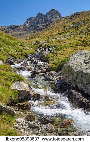 Stock Photo - Mountain stream in the Languard Valley, Val Languard, Pontresina, Bernina Alps, Upper Engadine, Engadine, Grisons, Switzerland, Europe. Fotosearch