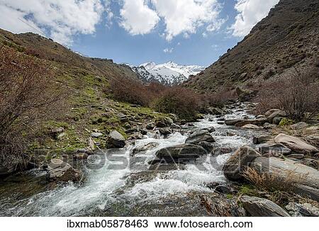 Mountain stream Rio Valdeinfierno, hiking trail near Junta de los Rios, behind Sierra Nevada with summits Mulhacén and La Alcazaba, snow-covered mountains near Granada, Andalusia, Spain, Europe View Large Photo Image Stock Image - Mountain stream Rio Valdeinfierno, hiking trail near Junta de los Rios, behind Sierra Nevada with summits Mulhacén and La Alcazaba, snow-covered mountains near Granada, Andalusia, Spain, Europe. Fotosearch