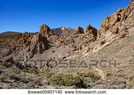 Stock Image - National Park Canadas del Teide, Roques de Garcia and the Teide in the background, Tenerife, Canary Islands, Spain, Europe. Fotosearch