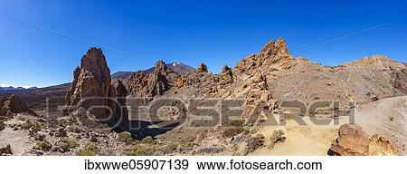 Stock Photo - National Park Canadas del Teide, Roques de Garcia and the Teide in the background, Tenerife, Canary Islands, Spain, Europe. Fotosearch
