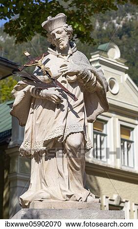 Stock Image - Nepomuk Fountain at Kreuzplatz, Bad Ischl, Salzkammergut, Upper Austria, Austria, Europe. Fotosearch