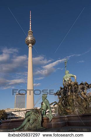 Neptune Fountain with television tower, Berlin, Germany, Europe View Large Photo Image Stock Photo - Neptune Fountain with television tower, Berlin, Germany, Europe. Fotosearch