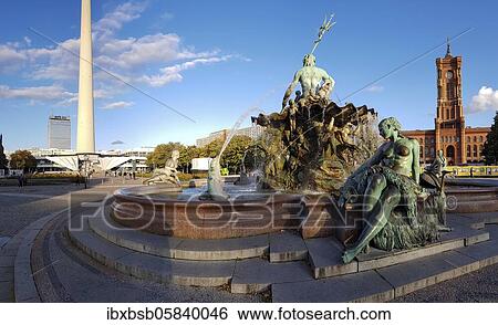 Neptune Fountain with television tower and Red City Hall, Berlin, Germany, Europe View Large Photo Image Stock Photograph - Neptune Fountain with television tower and Red City Hall, Berlin, Germany, Europe. Fotosearch