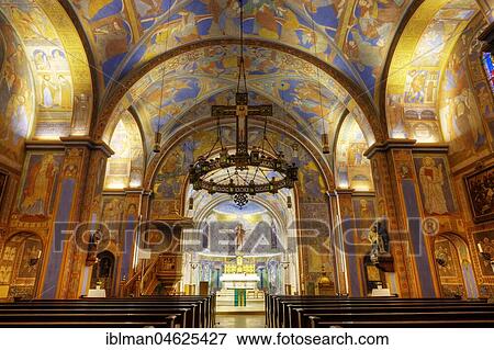 Stock Photo - New Romanesque painting by Franz Xaver Hofstötter, parish church of St. Herz Jesu, Ludwigsthal near Lindberg, Bavarian Forest, Lower Bavaria, Bavaria, Germany, Europe. Fotosearch