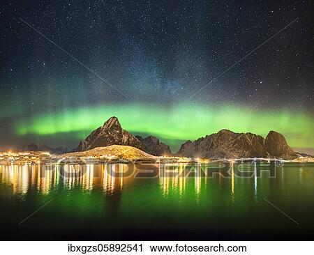 Northern lights at the fjord above the fishing village Reine, Moskenes, Nordland, Lofoten, Norway, Europe View Large Photo Image Stock Image - Northern lights at the fjord above the fishing village Reine, Moskenes, Nordland, Lofoten, Norway, Europe. Fotosearch