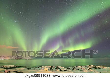 Stock Photo - Northern Lights (Aurora borealis) reflected in the sea at the fjord, Kleppstad, Nordland, Norway, Europe. Fotosearch
