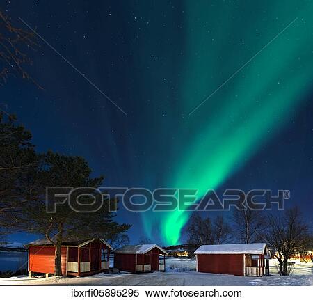 Northern lights camping cabins Tysjford Norway View Large Photo Image Stock Photography - Northern lights camping cabins Tysjford Norway. Fotosearch