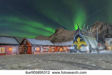 Northern Lights Historic fisherman's cottages Svolva Lofoten Norway View Large Photo Image Stock Image - Northern Lights Historic fisherman's cottages Svolva Lofoten Norway. Fotosearch