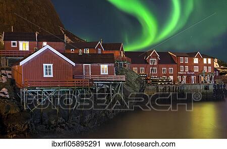 Northern Lights Á over historic buildings, Lofoten Norway View Large Photo Image Stock Image - Northern Lights Á over historic buildings, Lofoten Norway. Fotosearch