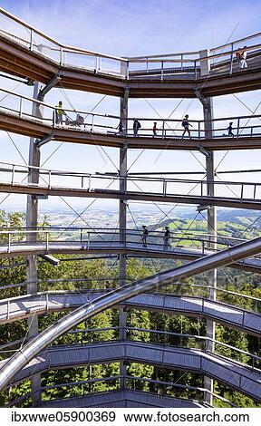 Stock Photo - Observation tower at the tree top path Salzkammergut am Grünberg, Gmunden, Salzkammergut, Upper Austria, Austria, Europe. Fotosearch