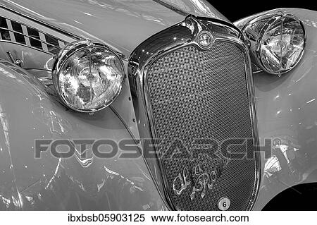 Stock Photography - Oldtimer detail, Alfa Romeo GC 2300B, in black and white. Fotosearch