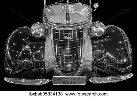 Stock Photo - Oldtimer detail, AUTO UNION hiker 25K, in black and white. Fotosearch