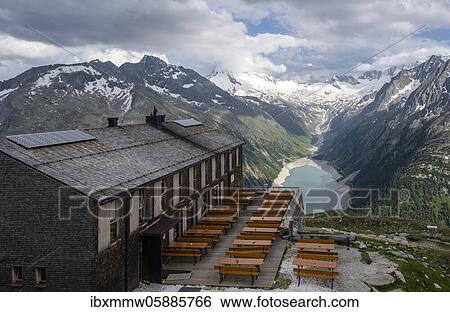 Olperer Hütte with view of the Schlegeis reservoir, Schlegeis reservoir, Zillertal Alps, Schlegeiskees glacier, Zillertal, Tyrol, Austria, Europe View Large Photo Image Stock Photograph - Olperer Hütte with view of the Schlegeis reservoir, Schlegeis reservoir, Zillertal Alps, Schlegeiskees glacier, Zillertal, Tyrol, Austria, Europe. Fotosearch