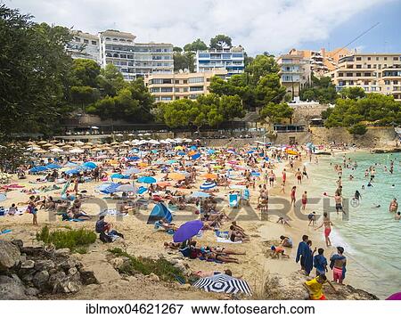 Overcrowded beach in Majorca, Bendinat, Region Palma de Majorca, Majorca, Balearic Islands, Spain, Europe View Large Photo Image Stock Photo - Overcrowded beach in Majorca, Bendinat, Region Palma de Majorca, Majorca, Balearic Islands, Spain, Europe. Fotosearch