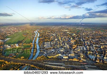 Stock Image - Overview of Hamm, Datteln-Hamm Canal, project "Kanalkante" between Hamm Lippewiesen Airport and city centre of Hamm, river Lippe, sports field at the high school Hammonense, Hamm, Ruhr area, North Rhine-Westphalia, Germany, Europe. Fotosearch