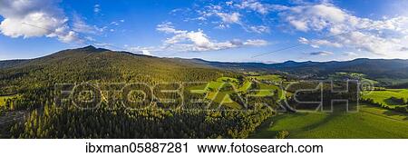 Stock Image - Panorama from Lamer Winkel, between Lam and Lohberg, Osser and Arber mountains, drone shot, Bavarian Forest, Upper Palatinate, Bavaria, Germany, Europe. Fotosearch