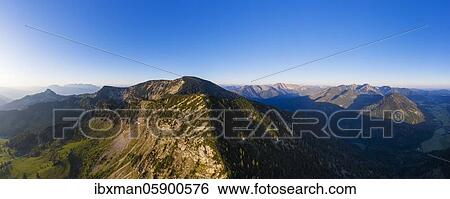 Stock Photograph - Panorama, Small and Large Traithen, left Sudelfeld, right Leitzachtal near Bayrischzell, Mangfall mountains, drone picture, Upper Bavaria, Bavaria, Germany, Europe. Fotosearch