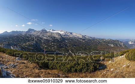 Panoramic view to the mountain station Gjaid Alm and to the Hohen Dachstein, Dachstein massif, Krippenstein cable car, Obertraun, Salzkammergut, Upper Austria, Austria, Europe View Large Photo Image Stock Photo - Panoramic view to the mountain station Gjaid Alm and to the Hohen Dachstein, Dachstein massif, Krippenstein cable car, Obertraun, Salzkammergut, Upper Austria, Austria, Europe. Fotosearch