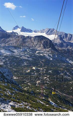 Stock Photo - Panoramic view to the mountain station Gjaid and to the Hohen Dachstein, Dachstein massif, Krippenstein cable car, Obertraun, Salzkammergut, Upper Austria, Austria, Europe. Fotosearch