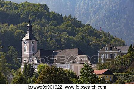 Stock Image - Parish church Ebensee am Lake Traun, Ebensee, Lake Traun, Salzkammergut, Upper Austria, Austria, Europe. Fotosearch