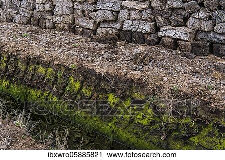 Stock Image - Peat sods stacked up in a bog, peat cutting, peat, Goldenstedter Moor, Oldenburger Münsterland, Lower Saxony, Germany, Europe. Fotosearch