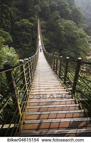 Picture - People on suspension bridge, Sky ladder, Zushan, Nantou, Taiwan, China, Asia. Fotosearch