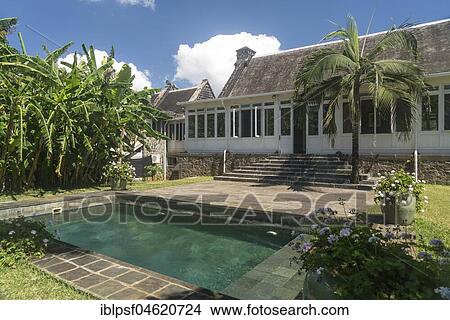 Picture - Pool of the historical colonial villa Eureka House or Maison Eureka, Moka, Mauritius, Africa. Fotosearch