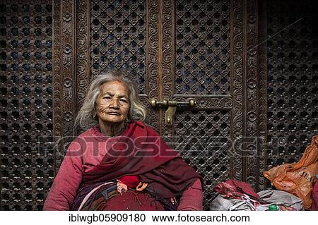Stock Image - Portrait of an older woman, Patan, Lalitpur, Kathmandu, Nepal, Asia. Fotosearch