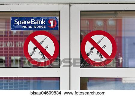 Prohibition signs banned for weapons in front of the Spare Bank, guns and pistols banned, Longyearbyen, Spitsbergen, Svalbard, Norway, Europe View Large Photo Image Picture - Prohibition signs banned for weapons in front of the Spare Bank, guns and pistols banned, Longyearbyen, Spitsbergen, Svalbard, Norway, Europe. Fotosearch