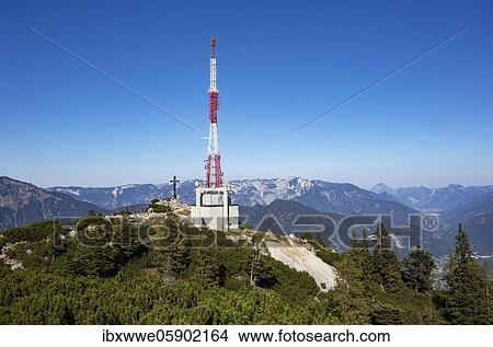 Picture - Radio station with Franz Josef Kreuz on the mountain summit, Berg Katrin, Bad Ischl, Salzkammergut, Upper Austria, Austria, Europe. Fotosearch