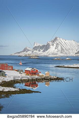 Picture - Red farmhouse reflected in the fjord Rossoy Straumen, in the back far ocean, snowy mountains Hustinden and Björntinden, Nordland, Lofoten, Norway, Europe. Fotosearch